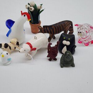 Miniature Animal Figurine Collection Cat Bear Dog Pig Glass Wood Resin